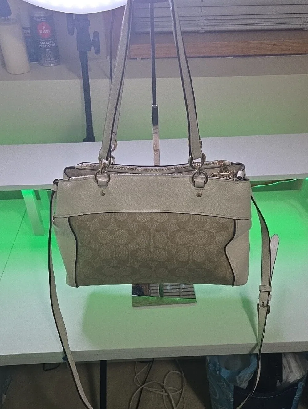 Coach Beige Signature Shoulder Bag with Crossbody Strap